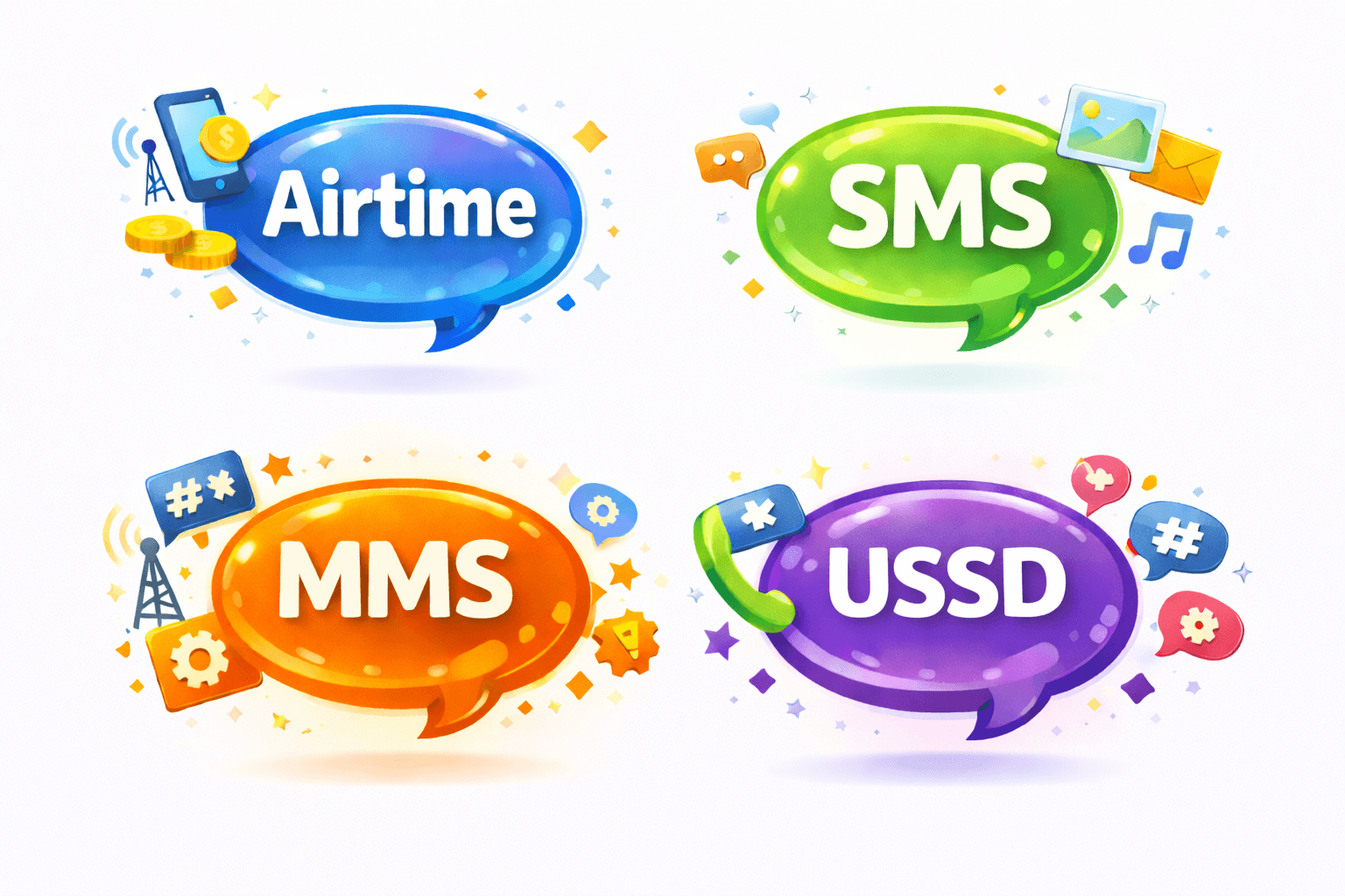 image of speach bubbles highlighting airtime, mms, shortcodes and ussd